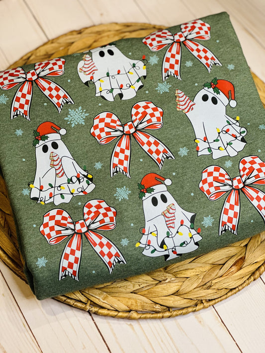 Coquette Christmas Ghosties | Forest Green Crewneck Sweatshirt