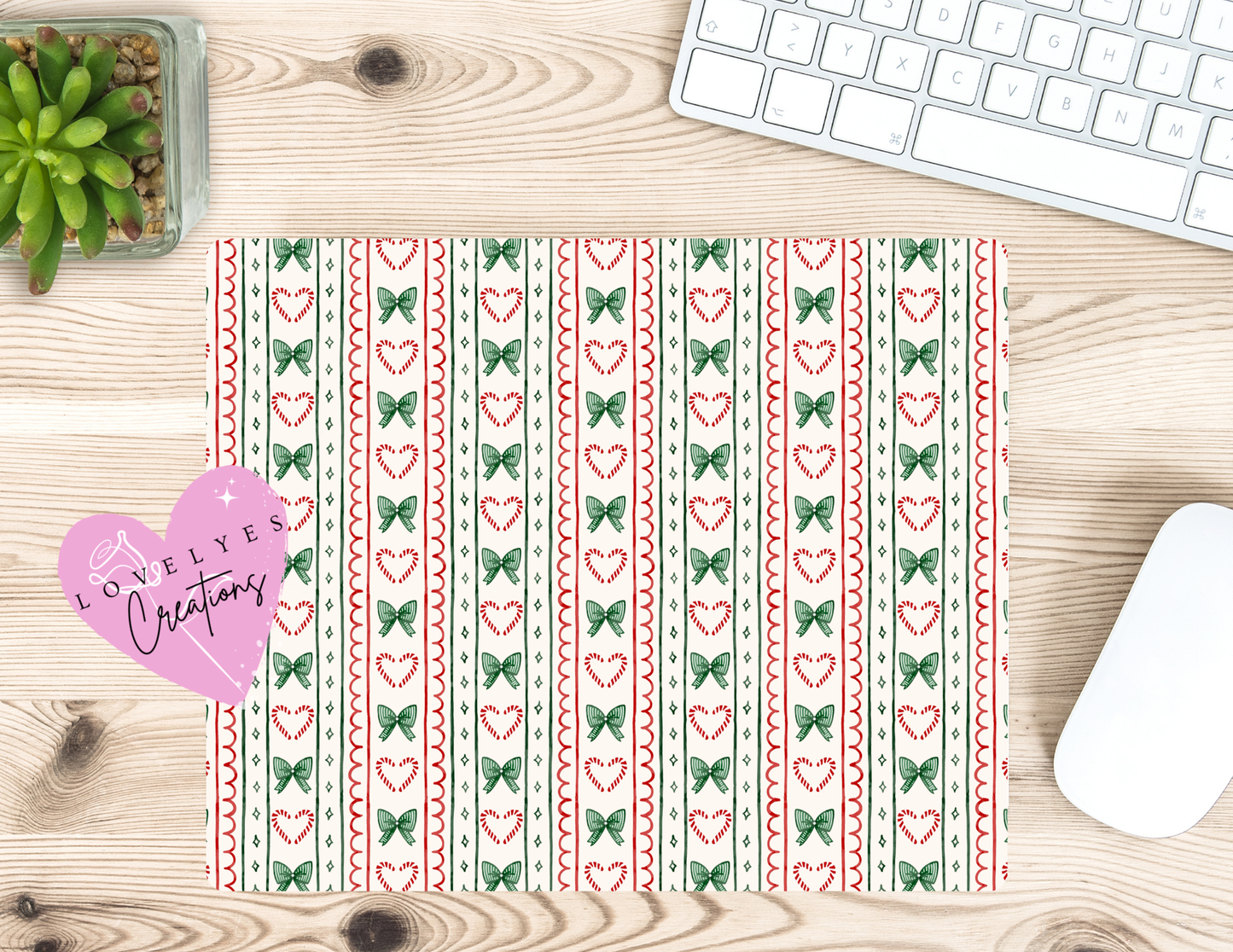 ❤️Red Heart CandyCanes & Green Bows Mouse Pad 💚