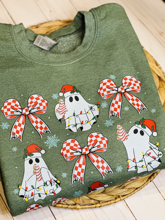 Coquette Christmas Ghosties | Forest Green Crewneck Sweatshirt