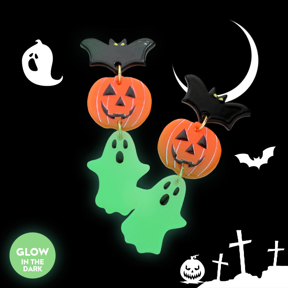 (Glow in the Dark) Spooky Halloween Dangle Earrings Bat, Pumpkin Jack-o-Lantern, & Ghost in a row
